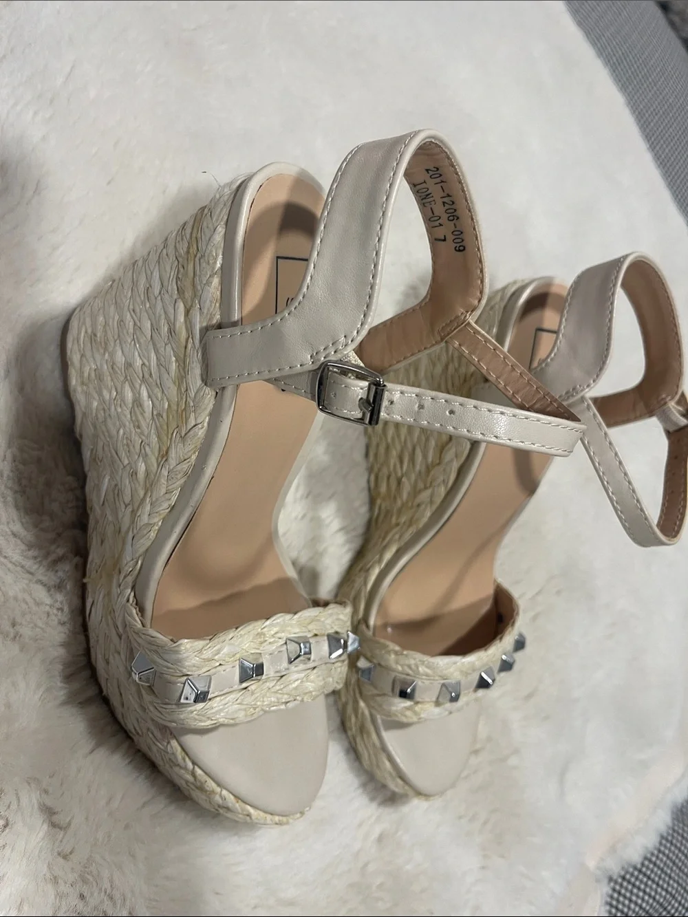 ShuShop Cream Espadrille Wedge Sandals with Silver Studs